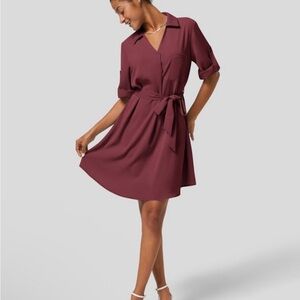 HALARA Roll Up Sleeve Burgundy Shirt Dress